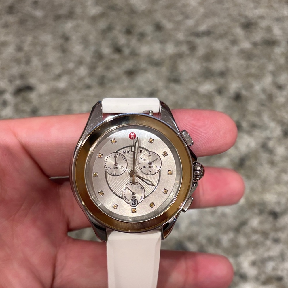 Michele Silver and Cream Chronograph Watch